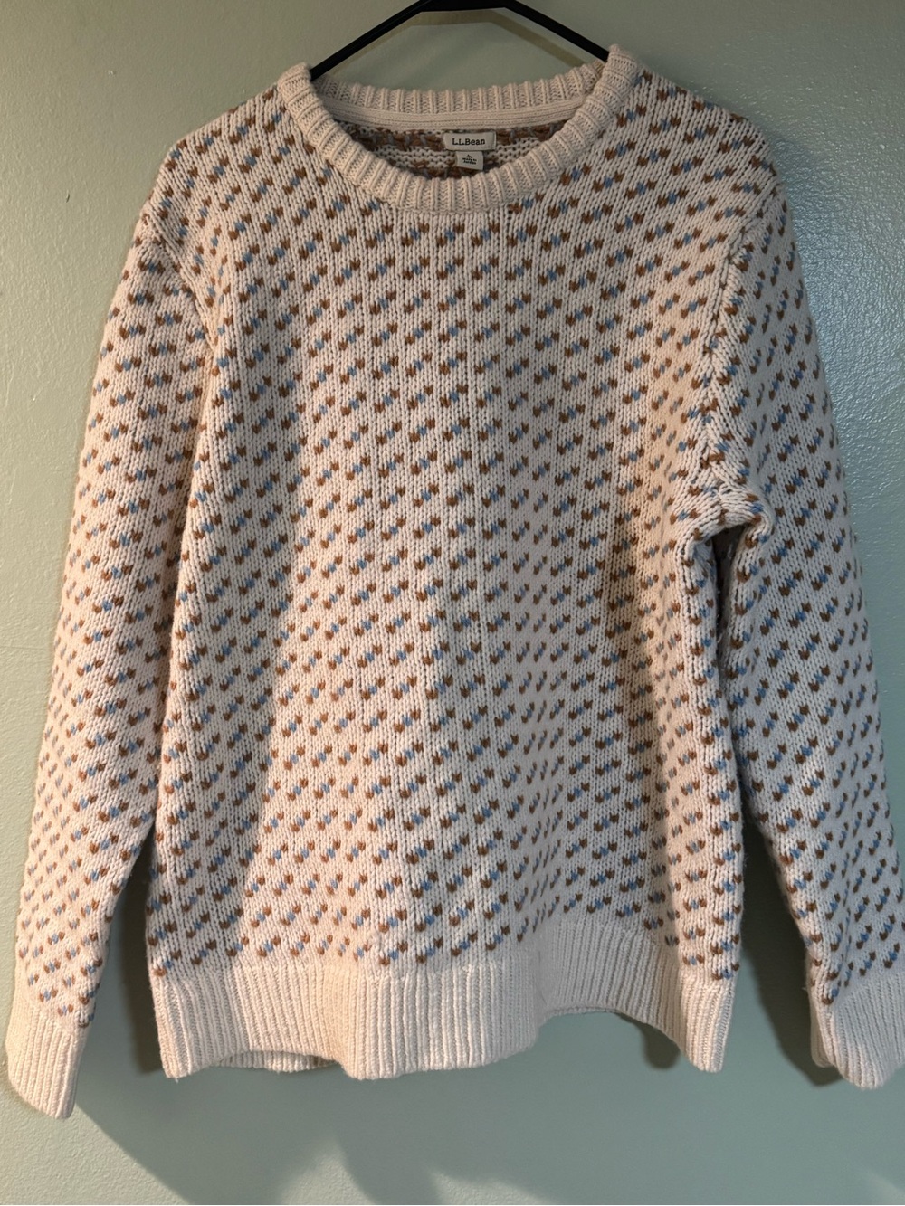 L.L. Bean Cream Crewneck Sweater with Brown and Blue Spots